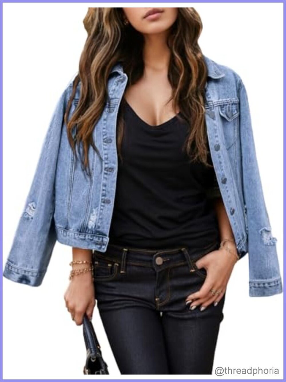 Distressed Ripped Denim Jacket - Casual Long Sleeve Fall Coat